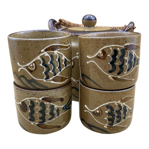 OTAGIRI Fish Stoneware Tea Set Teapot & 4 Cups Japan Vintage - Picture 3 of 12